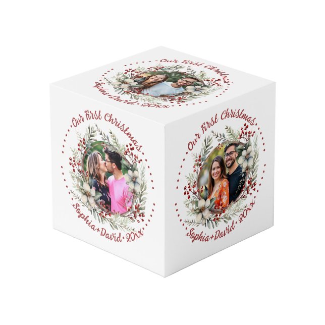 Our First Christmas wreath wedding photo cube (Front Angled)