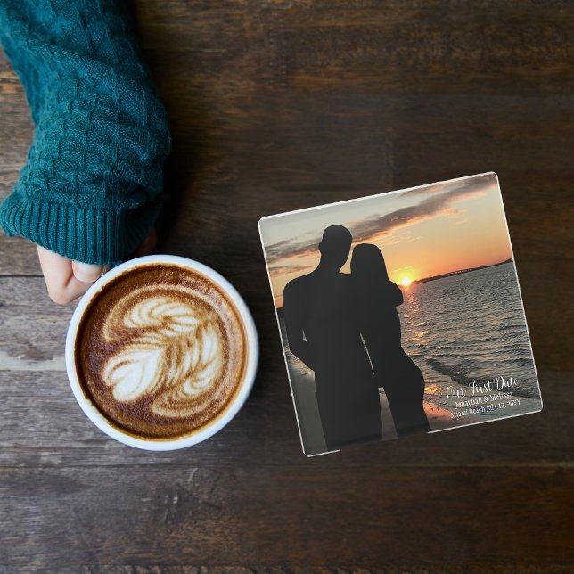 Our First Date, Couple Custom Wedding Photography Glass Coaster (Creator Uploaded)