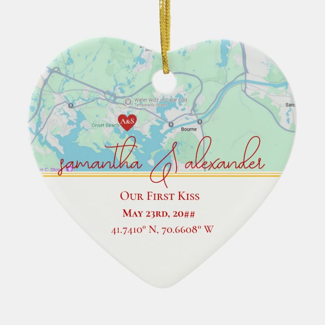 Our First Date Personalised Map Couples Keepsake Ceramic Ornament (Front)