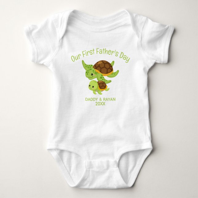 Our First Father's Day, Baby Turtle custom name Baby Bodysuit (Front)