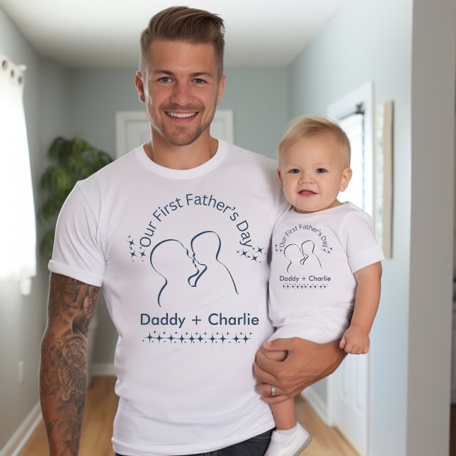 Our First Father's Day, Father holding up baby Bodysuit (Father and baby matching t-shirt for father's day.)