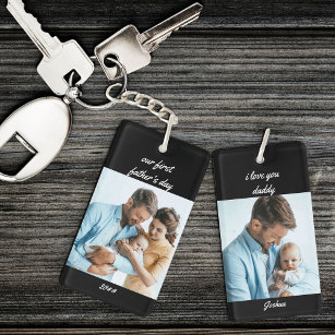 Our First Father's Day Name and Year Black 2 Photo Key Ring