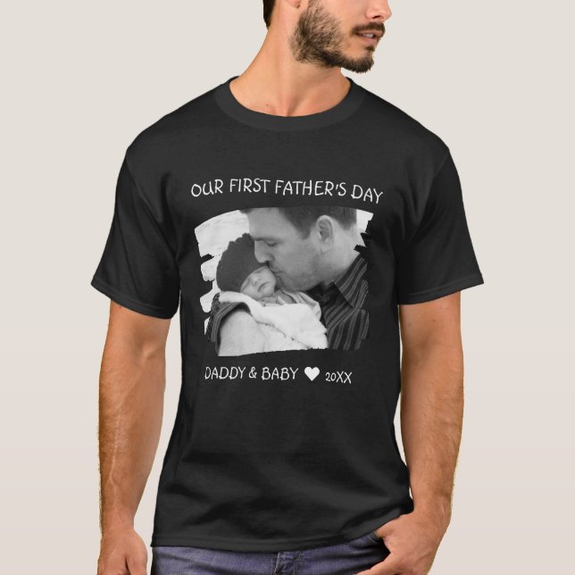 Our First Fathers Day New Dad Baby Photo Black T-Shirt (Front)