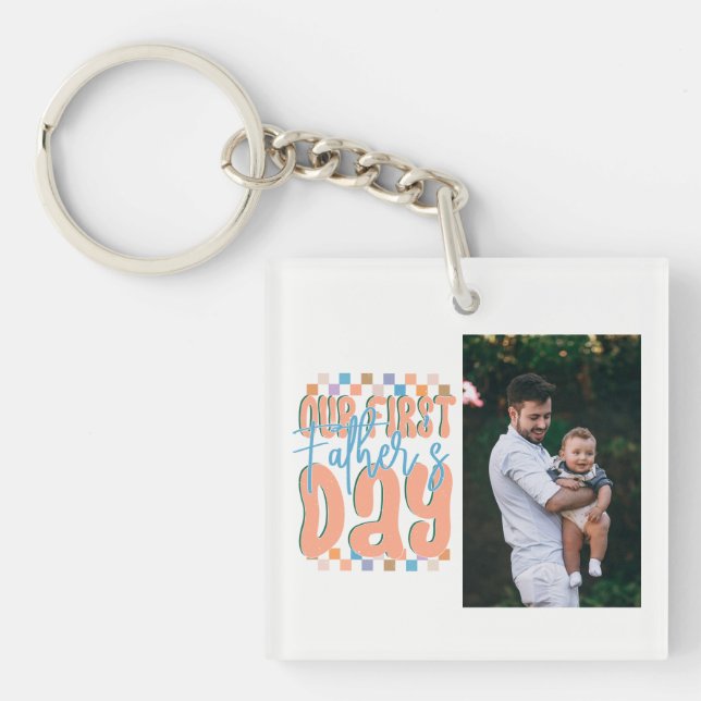 Our First Father's Day Retro Custom Photo Key Ring (Front)