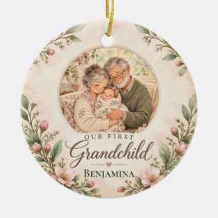 Our First Grandchild Blush Floral Photo Keepsake Ceramic Ornament