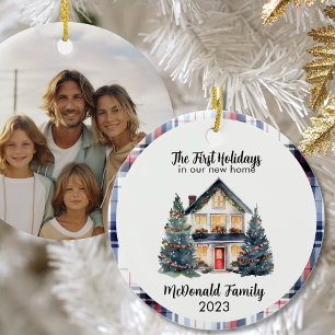 Our First Holidays New Home Rustic Chic Lux Navy   Ceramic Ornament