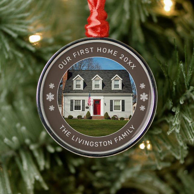 Our First Home Brown Personalized Photo Metal Ornament (Tree)