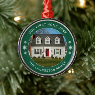Our First Home Green Personalised Photo Metal Ornament