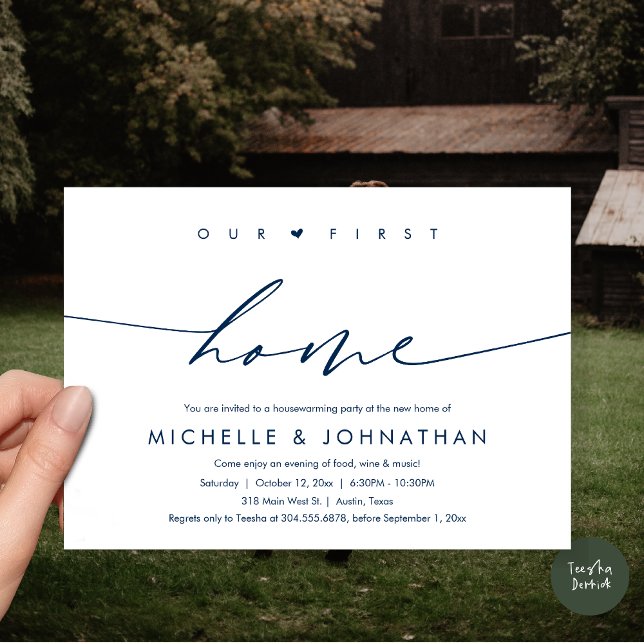Our first home, Housewarming party celebration Invitation (Our first home, Housewarming party celebration Invitation Card, PDF, in navy blue)