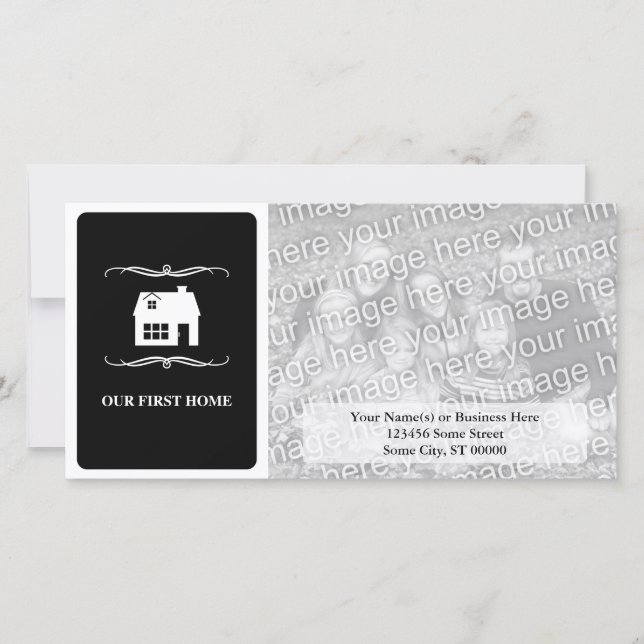 our first home (mod black and white) announcement (Front)