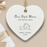Our First Home Personalised Line Art New House Ceramic Ornament<br><div class="desc">Celebrate a special new chapter with our minimalist "Our First Home" or "Our New Home" personalised ornament! This elegant keepsake features a beautiful continuous line art drawing of a heart and a simple house, embodying warmth and connection. Easily customise it with your home address, first names, and the significant year...</div>