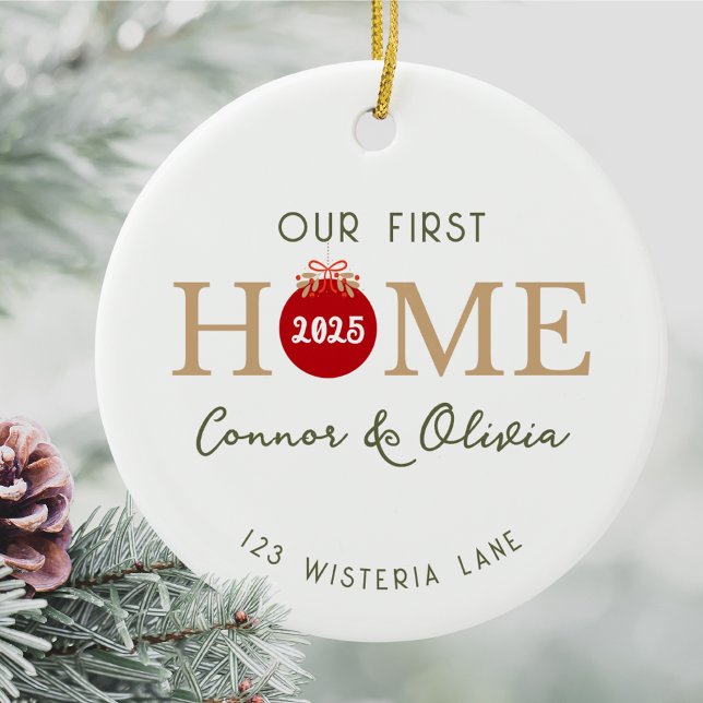 Our First Home Personalised Names Address Year Ceramic Ornament (Our first home personalized Christmas ornament custom names address year minimalist housewarming)