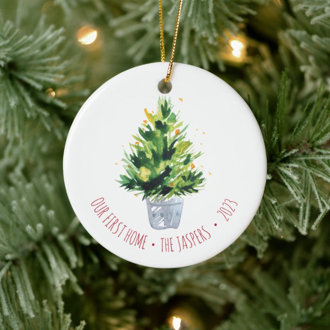 Our First Home Personalised Potted Christmas Tree Ceramic Ornament (Tree)