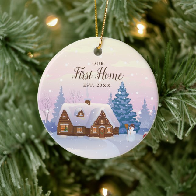 Our First Home Personalised Rustic Log Cabin Ceramic Ornament (Tree)