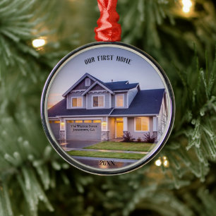 Our First Home Photo Personalised with Address Metal Ornament