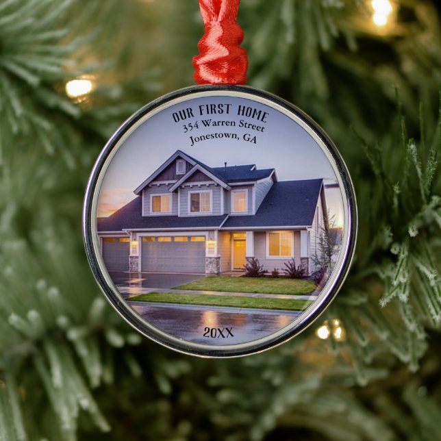 Our First Home Photo | Personalised with Address | Metal Ornament (Tree)