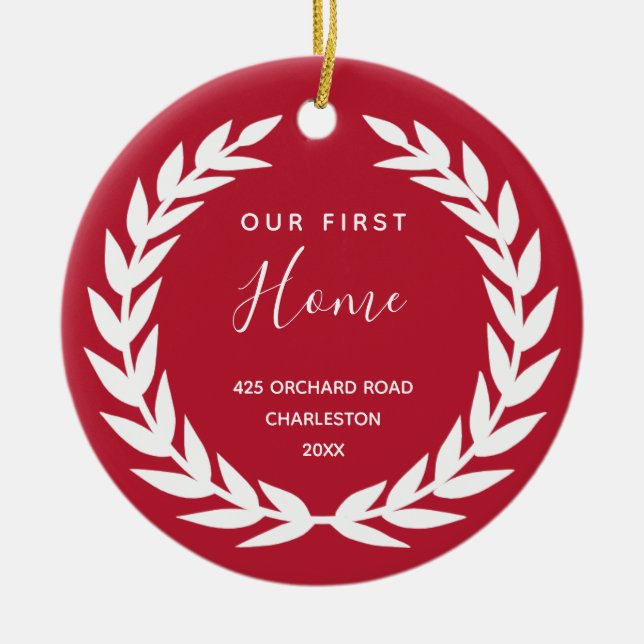 Our First Home | Red and White Housewarming Ceramic Ornament (Front)