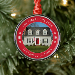 Our First Home Red Personalised Photo Metal Ornament