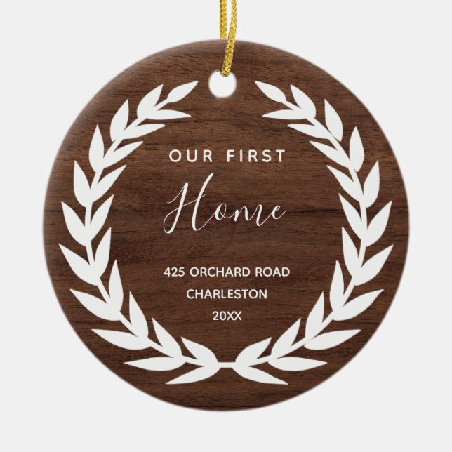 Our First Home | Rustic Brown Wood Look Ceramic Ornament (Front)