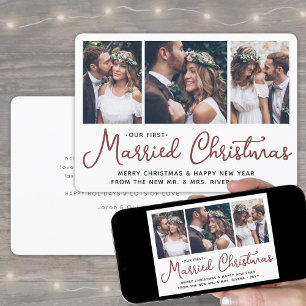 Our First Married Christmas 3 Wedding Photos Red Holiday Card