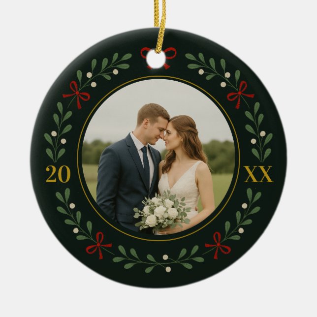 Our First Married Christmas – Evergreen Wreath Ceramic Ornament (Front)