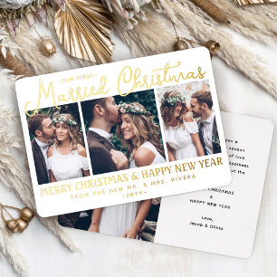 Our First Married Christmas Newlyweds 4 Photo Gold Foil Holiday Card