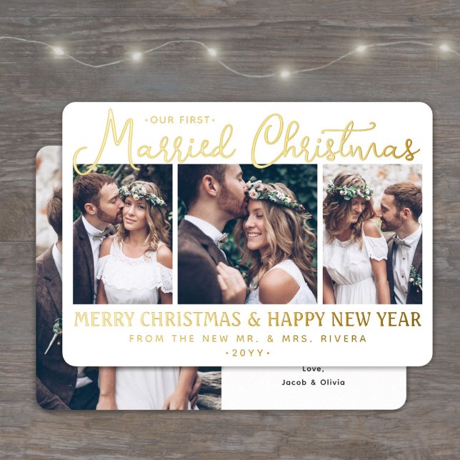 Our First Married Christmas Newlyweds 4 Photo Gold Foil Holiday Card (Creator Uploaded)