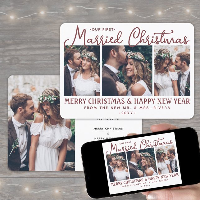 Our First Married Christmas Newlyweds 4 Photo Red Holiday Card (Creator Uploaded)