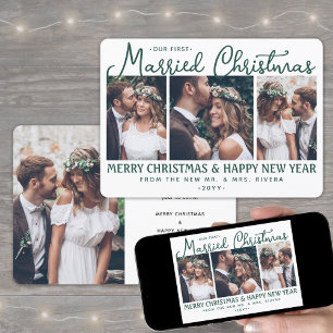 Our First Married Christmas Newlyweds Photos Green Holiday Card