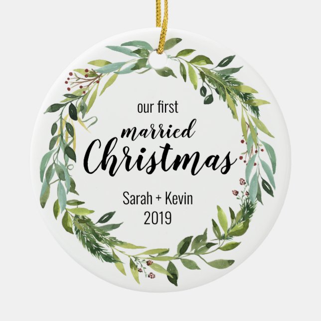Our first married Christmas personalizable Ceramic Ornament (Front)