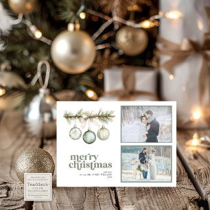 Our First Married Christmas Pine Ornament 2 Photo Holiday Card