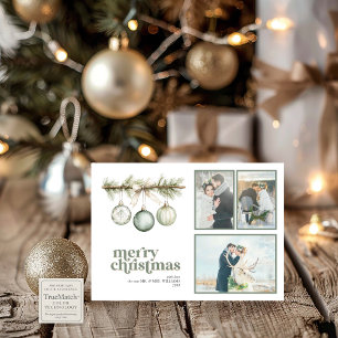 Our First Married Christmas Pine Ornament 3 Photo Holiday Card