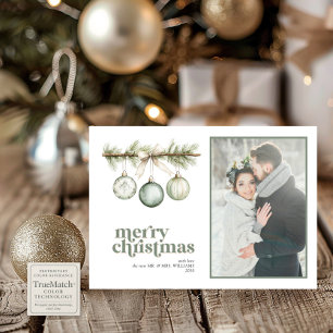 Our First Married Christmas Pine Ornament Photo Holiday Card