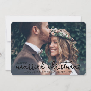 Our First Married Christmas Simple Wedding Photos Holiday Card
