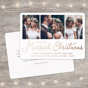 Our First Married Christmas Wedding Photo Collage Foil Holiday Card