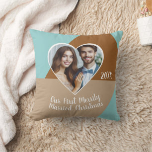 Our First Merrily Married Christmas Custom Photo Cushion