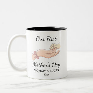 Our First Mother's Day Custom Names Pink Bow Two-Tone Coffee Mug