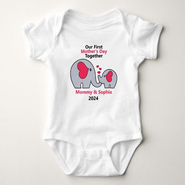 Our First Mother's Day Cute Elephant Baby Bodysuit (Front)