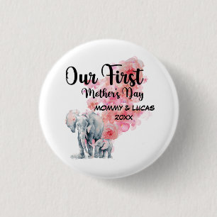 Our First Mother's Day Mom And Baby Elephants 3 Cm Round Badge