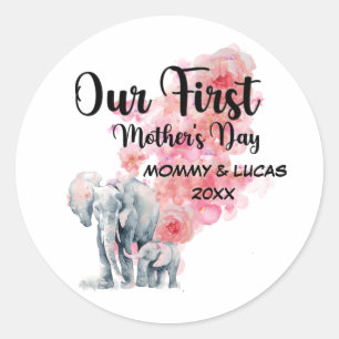 Our First Mother's Day Mom And Baby Elephants Classic Round Sticker