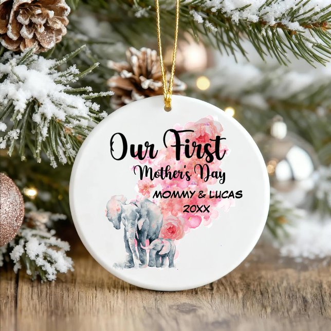 Our First Mother's Day Mum And Baby Elephants Ceramic Ornament (Creator Uploaded)