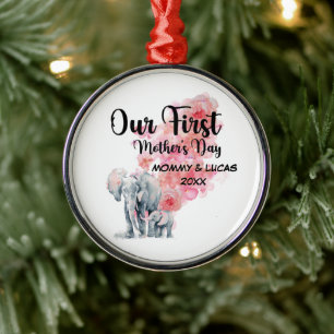 Our First Mother's Day Mum And Baby Elephants Metal Ornament