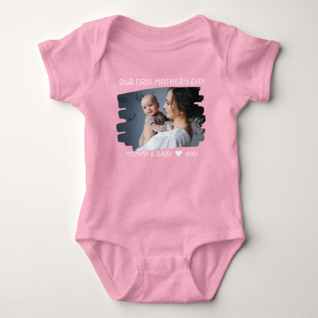 Our First Mother's Day New Mom And Baby Photo Pink Bodysuit (Front)