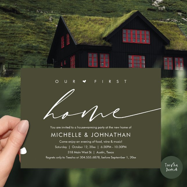 Our First New Home, Housewarming Party Celebration Invitation (Our First New Home, Housewarming Party Celebration Invitation Card, PDF, in Olive Green)