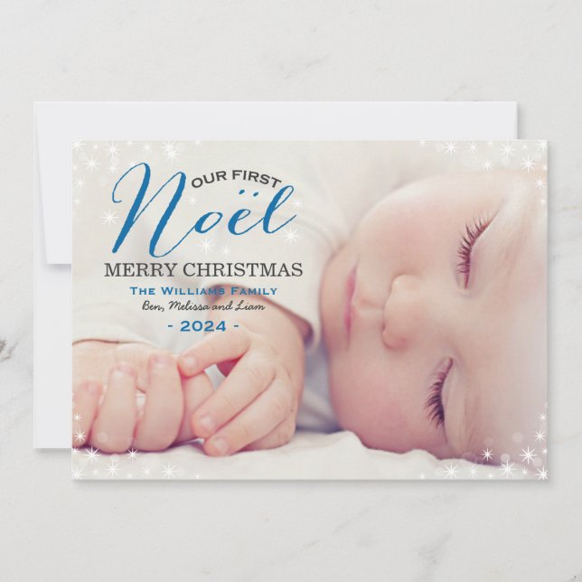 Our First Noel Blue Photo Overlay Babys First Holiday Card (Front)