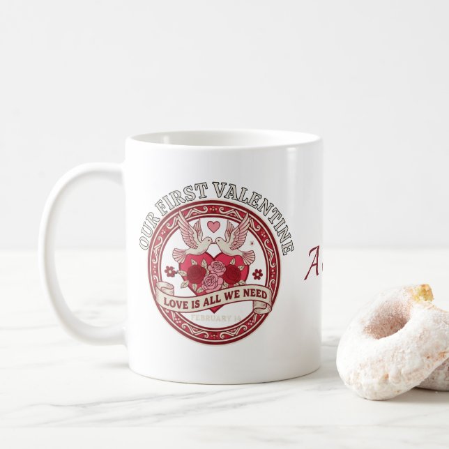 Our First Valentine Love Birds Custom Initial Mug (With Donut)