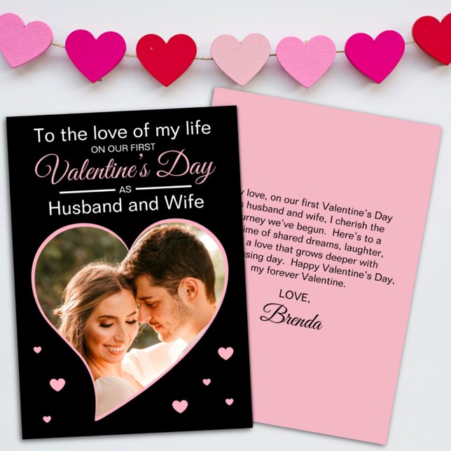 Our First Valentine’s as Husband & Wife Photo Pink Holiday Card (Creator Uploaded)