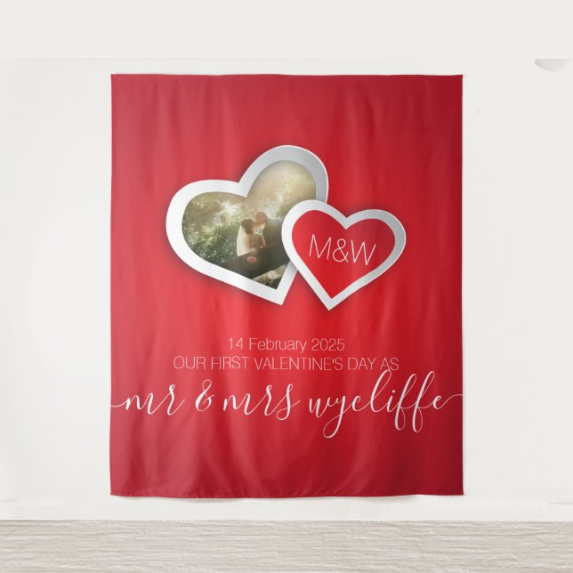 Our First Valentine’s Day as Mr & Mrs Heart Photo Tapestry (Front)