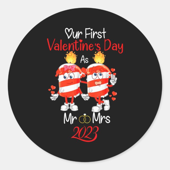 Our First Valentines Day As Mr And Mrs Engaged Cou Classic Round Sticker (Front)