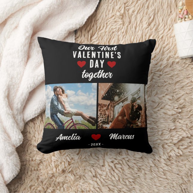 Our First Valentine's Day Together 2 Photos Black Cushion (Blanket)